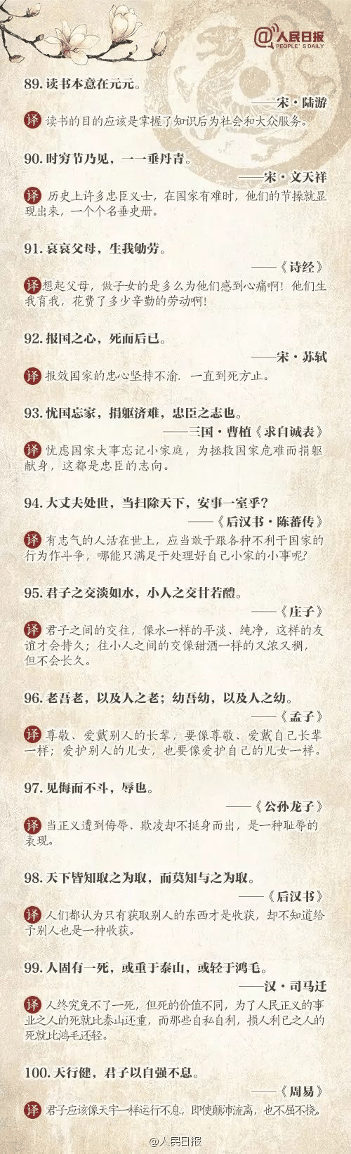 人民日報推薦：100個古代金句，做人、作文都用得著